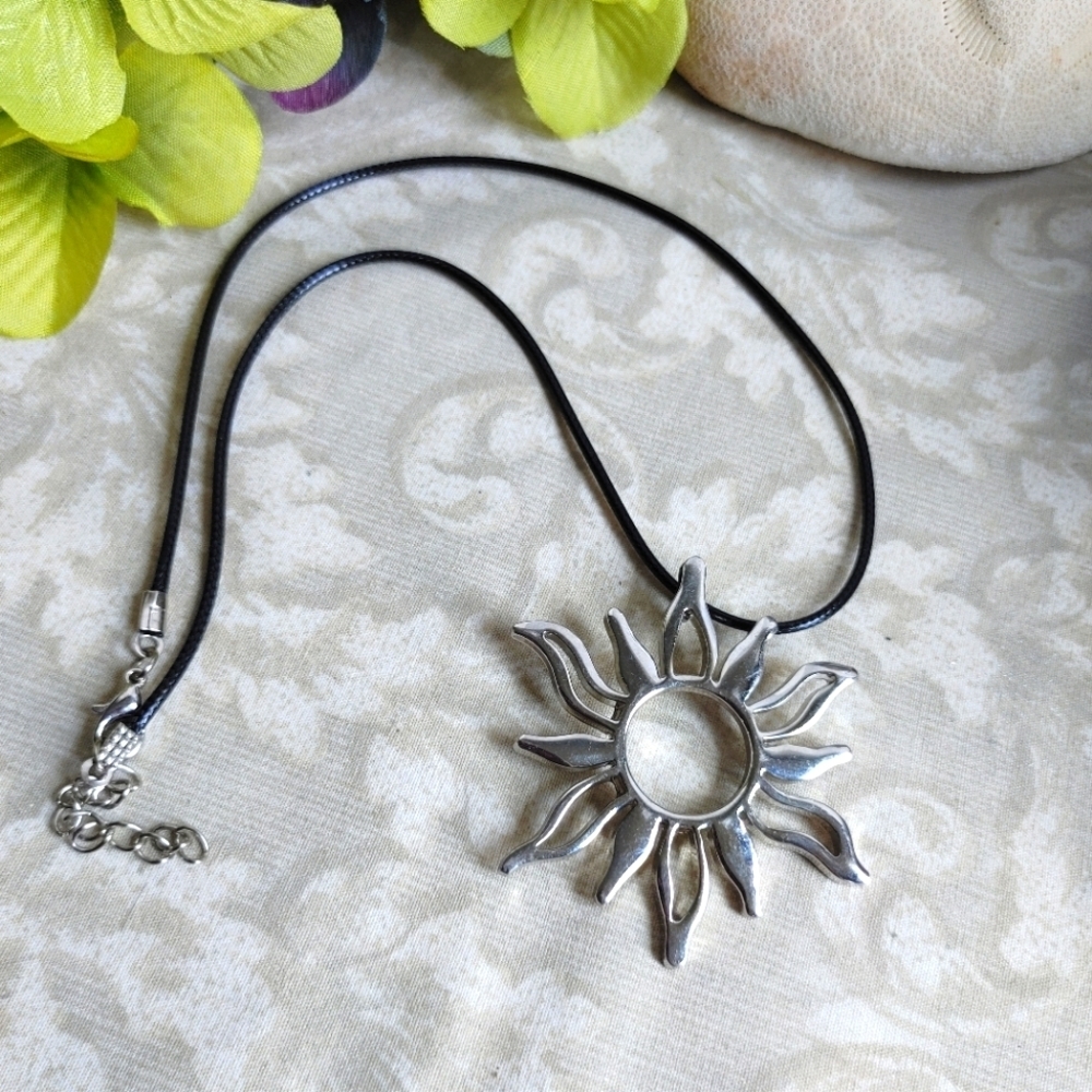 Boho Silver Statement Sun Pendant w/ Leather Cord